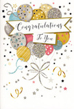 In this image, a beautifully illustrated congratulations card is shown as though propped on a counter in a friendly neighbourhood shop near Clapton Pond, its design capturing the spirit of a light-filled celebration. At the heart of the card, a generous cluster of party balloons rises upward, their rounded forms overlapping like petals in a softly coloured bouquet. The balloons are painted in muted yet luxurious shades-brushed gold, pale silver, champagne beige, sky blue, blush pink, and gentle grey-each adorned with fine decorative details such as tiny metallic stars, slender stripes, and dustings of glitter-like dots. These subtle textures suggest the shimmer of real foil balloons catching afternoon light through an Upper Clapton window. Slender ribbons in gold and silver twist and curl from the base of the cluster, looping gracefully down the card, giving a sense of gentle movement and cohesion. Scattered around the balloons, star shapes, swirling streamers, and confetti-like sprinkles float across a soft, neutral background, creating a playful yet refined party atmosphere. Across the centre, an elegant banner unfurls, carrying the phrase "Congratulations To You" in flowing calligraphy that feels both personal and celebratory, as if handwritten for a special person. The composition is carefully balanced, with plenty of breathing space around the design, allowing each element to shine without feeling busy. As a florist used to pairing cards with bouquets for deliveries around Upper Clapton and the nearby streets, I see this as the perfect companion to flowers for graduations, new jobs, promotions, or any proud achievement. The card radiates genuine joy and admiration, like a smile captured in ink and softly shimmering colour.
